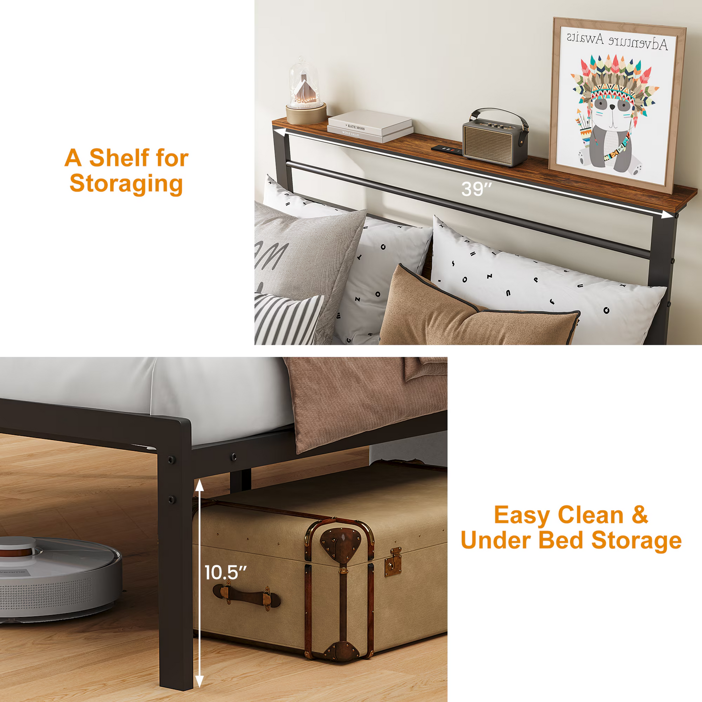 Twin Size Bed Frame with Headboard and Storage Shelf, Metal Bed, Upholstered Wooden Beds with Charging Station, Sturdy Frames for Bedroom Furniture, No Box Spring Needed, Black image 7