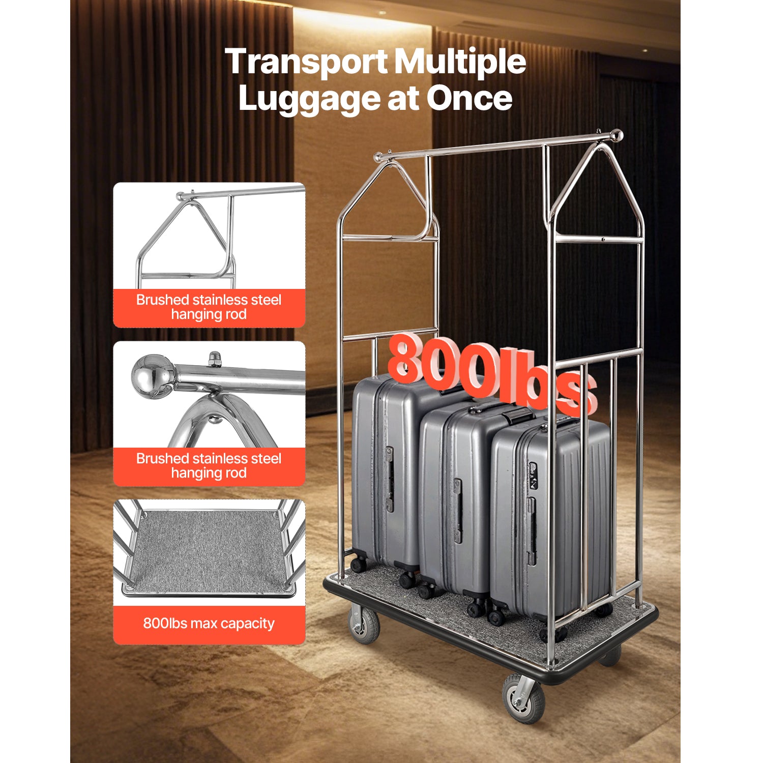 Hotel Luggage Cart 800 LBS Brushed Stainless Steel Finish Bellman's Cart - Handle Closeup