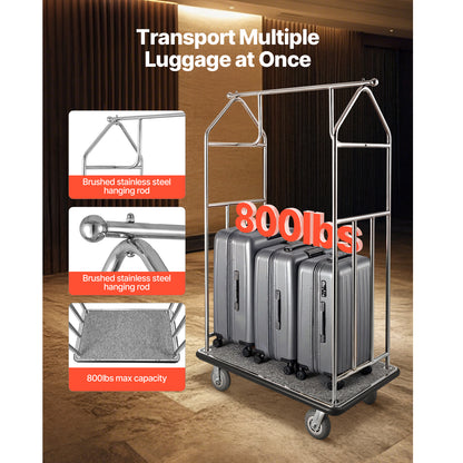 Hotel Luggage Cart 800 LBS Brushed Stainless Steel Finish Bellman's Cart - Handle Closeup