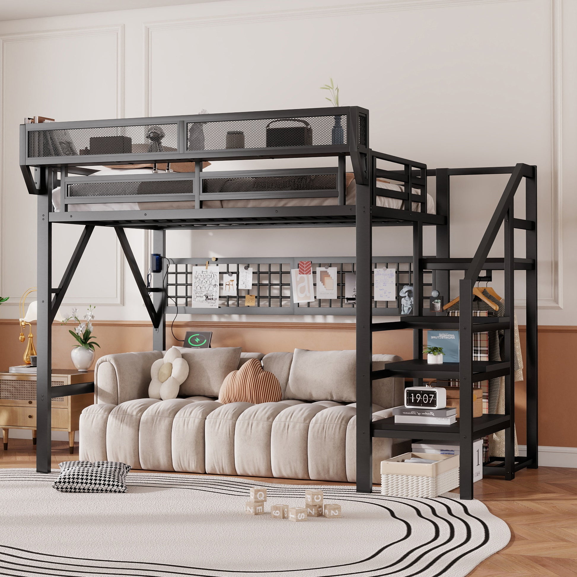 Full Size Loft Bed with Charging Station, Metal Full Loft Bed with Light and Storage, High Loft Bed with Wardrobe and Storage for Kids Teens Adults, Black(Old SKU W2580S00051) image 3