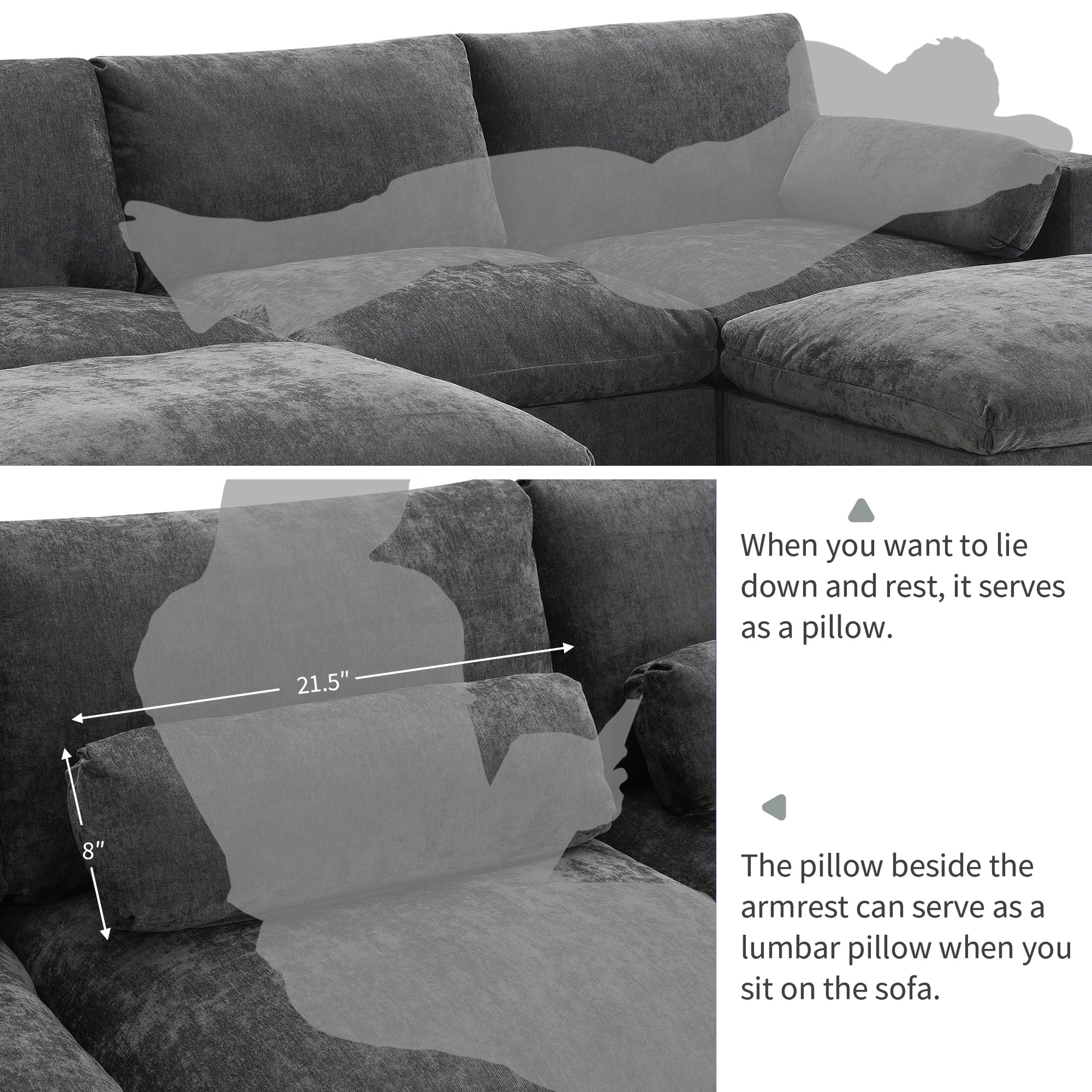 [NEW SKU of N723S7723E]84.5'' Modular Sectional Sofa with Storage Pockets, 5 Seat U Shaped Chenille Couch Set with Pillows, Free Combination Modern Cloud Sofa with Movable Ottoman image 5