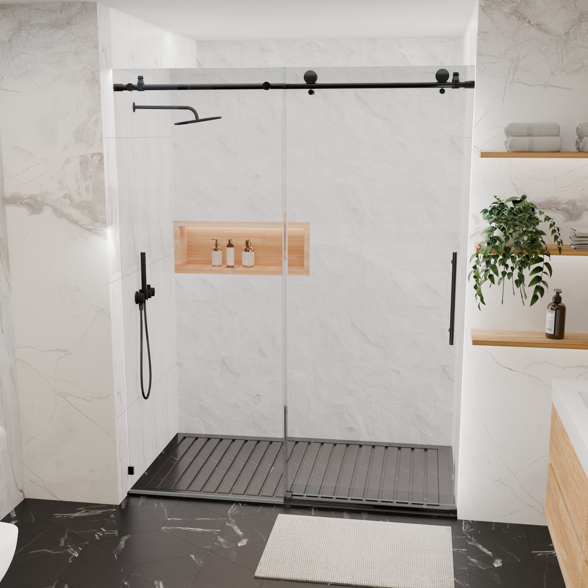 56-60"W x 76"H Frameless Shower Door, Sliding Shower Door, with Premium 5/16"(8mm)Thick Tempered Glass Shower Enclosure,Chrome Matte Black With Buffer, kd image 11