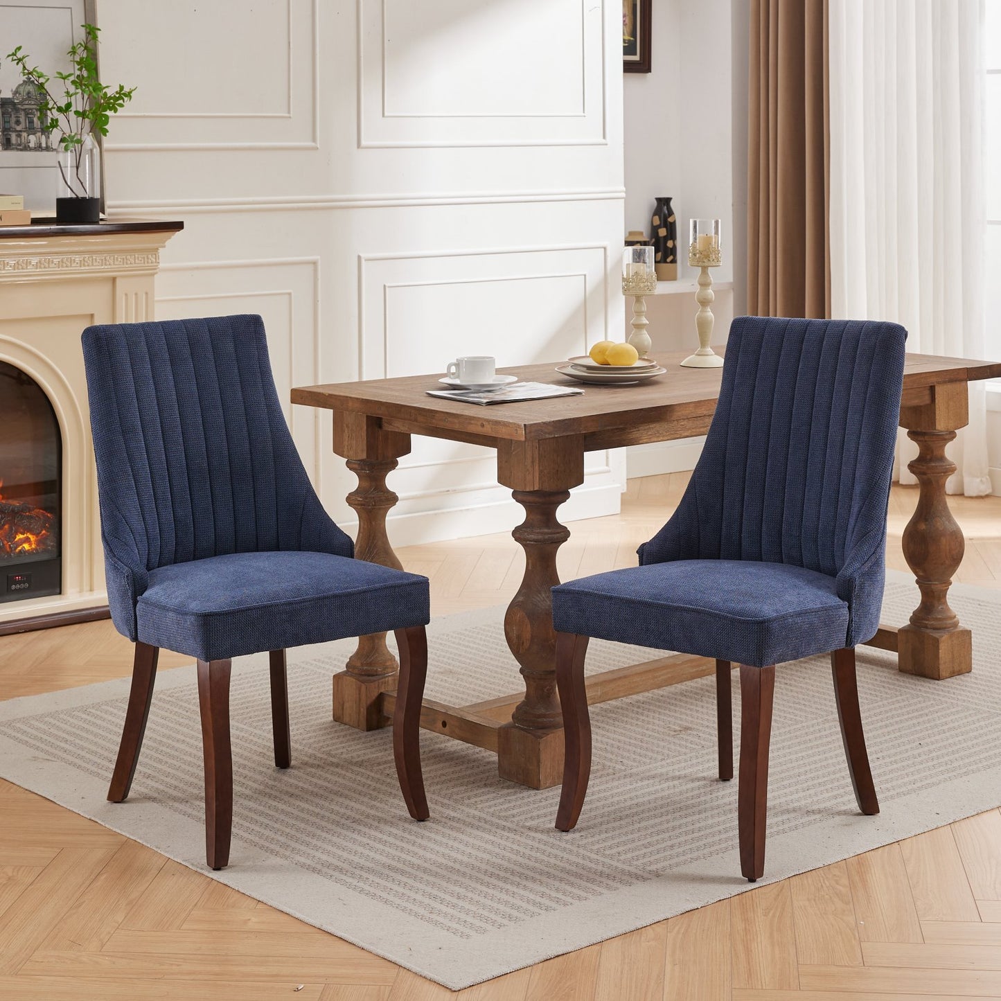 Rayon Cloth Flocking Linen Dining Chairs Channel Kitchen Dinner Chair Comfy Fabric Upholstered Accent Chair for Dining Room with Curved Solid Wood Legs,Set of 2 (Blue), SW1847BL image 1
