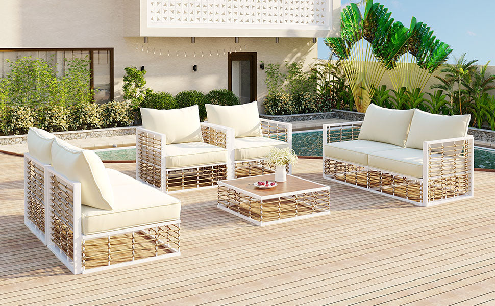 TOPMAX Modern Minimalist 7-Piece Metal Patio Sectional Sofa Set, All-Weather Garden Conversational Furniture Set with Thick Cushions and Coffee Table for Indoor Outdoor, White image 8
