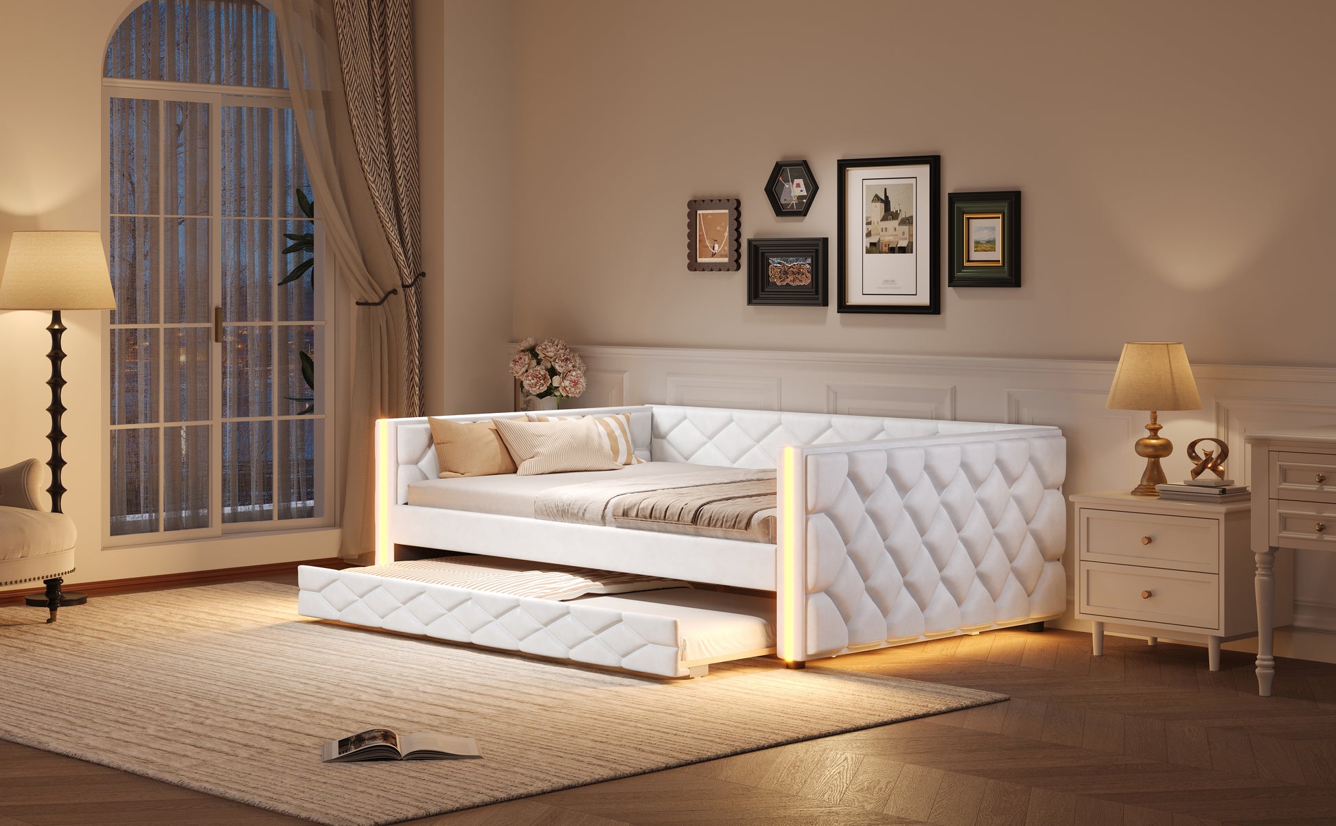 Full XL Size Upholstered Daybed with Trundle and LED, White image 4