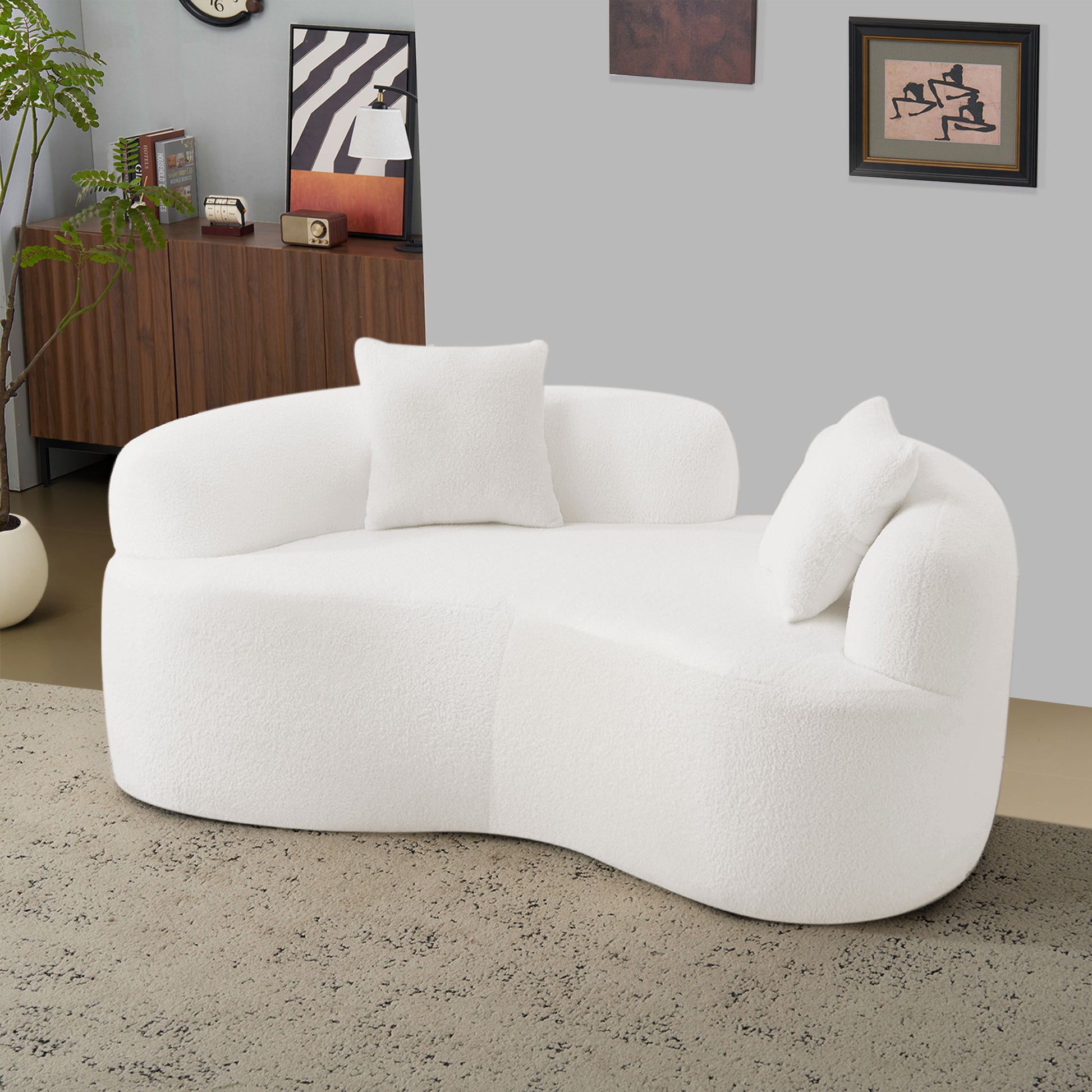 66.93 Inch Curved Loveseat White Full Compression Sponge Sofa, Teddy Velvet Fabric, No-Assembly Compact Sofa for Small Spaces & Apartments, 350 lbs Capacity image 3