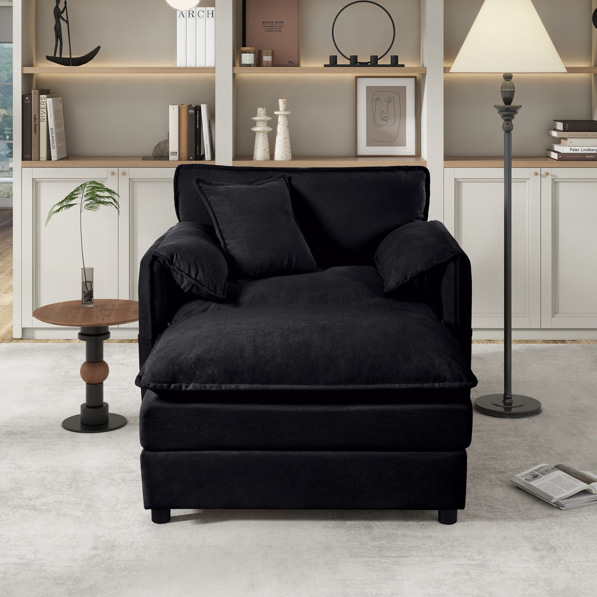 Oversized 57.48" Recliner Chair with Movable Ottoman - Soft Chenille Upholstered Indoor Lounge Chair for Living Room or Bedroom,DIY Combination,Black image 2