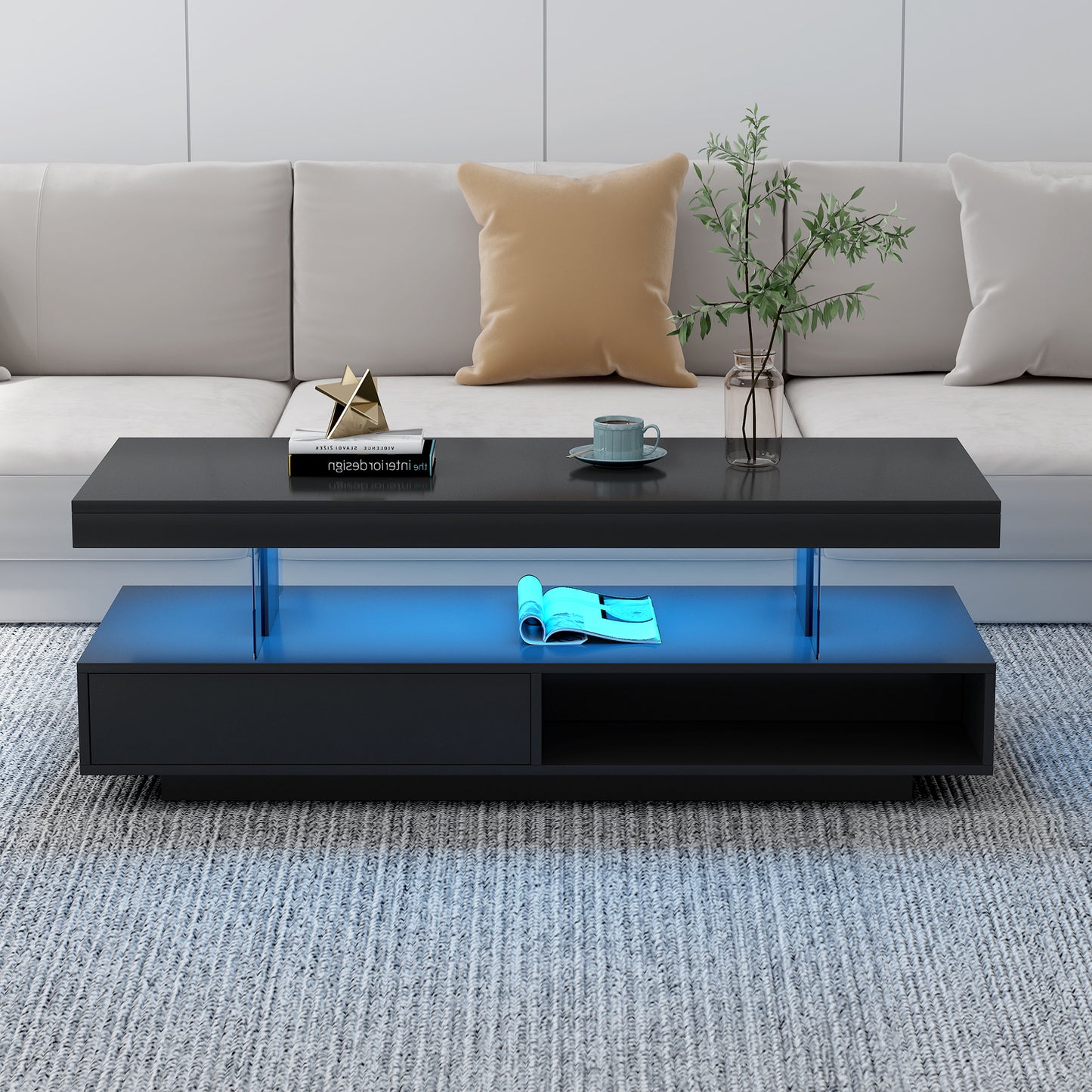 VIBE HAUS LED Coffee Table with Storage, Modern Center Table with 2 Drawers and Display Shelves, Accent Furniture with LED Lights for Living Room,Black image 2