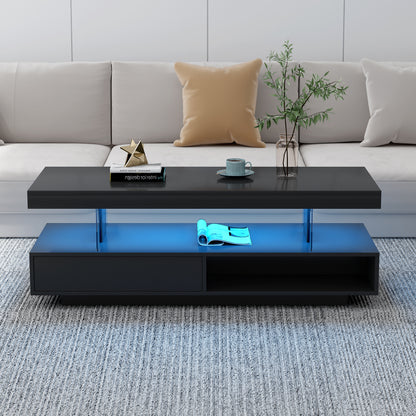 VIBE HAUS LED Coffee Table with Storage, Modern Center Table with 2 Drawers and Display Shelves, Accent Furniture with LED Lights for Living Room,Black image 2