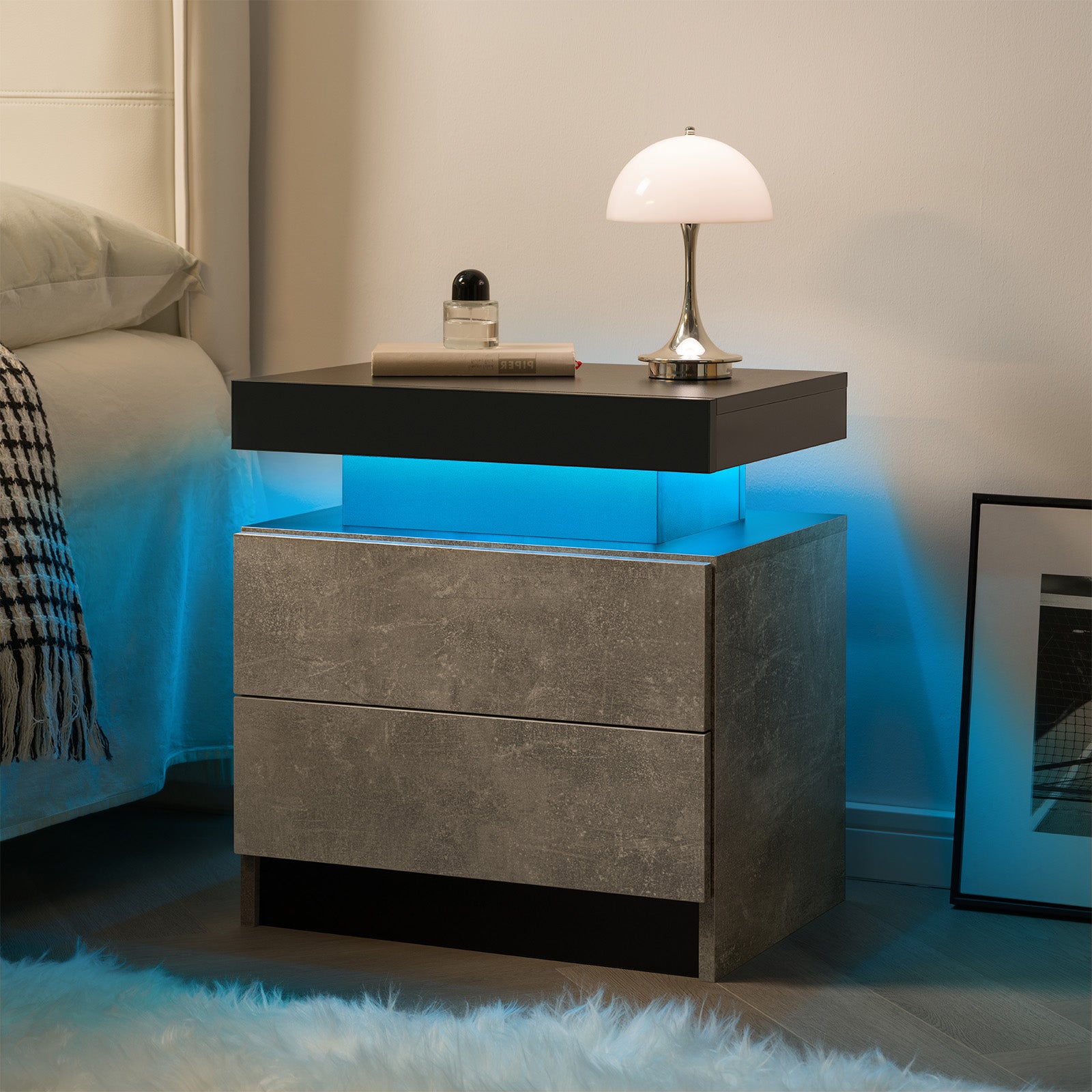 Nightstand LED Bedside Table Cabinet Lights Modern End Side with 2 Drawers for Bedroom (Black+Gray) image 2
