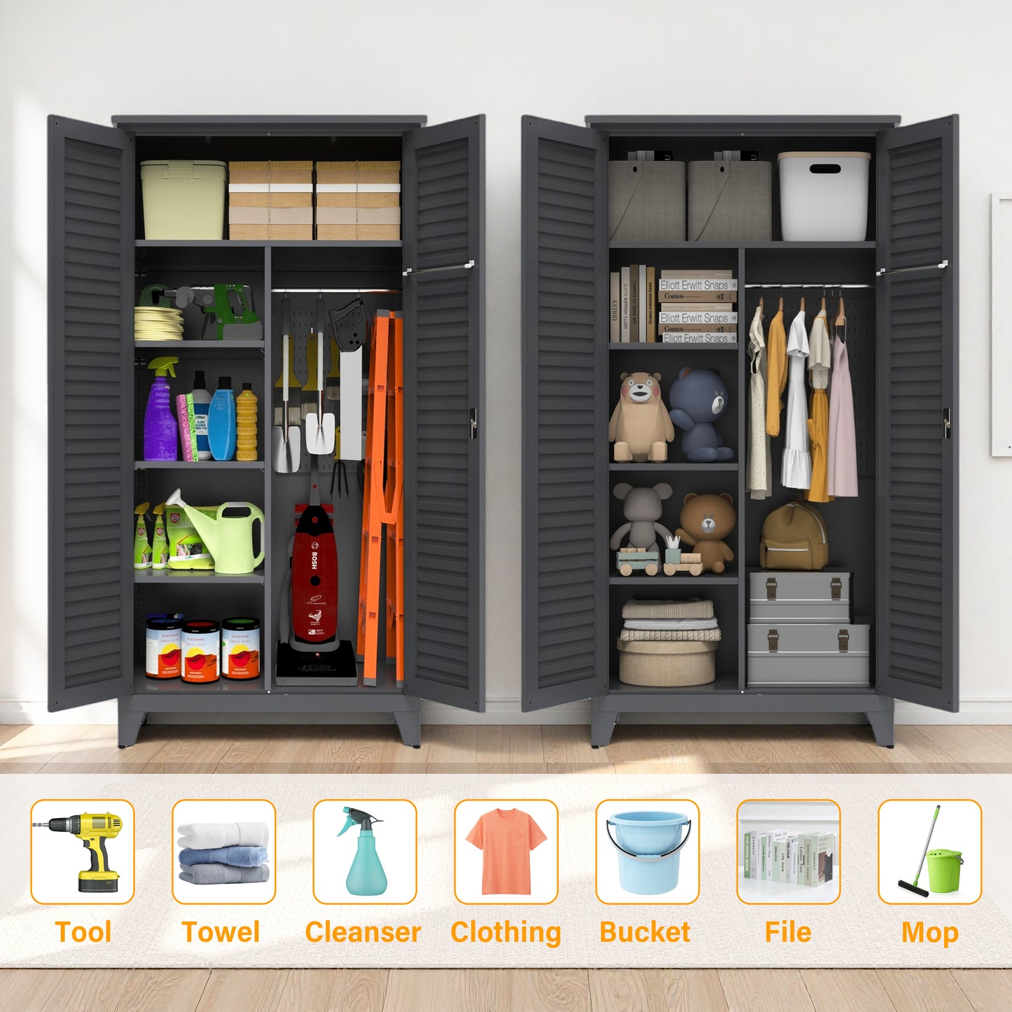 73'' Tall Metal Tool Storage Cabinet, with Ample Storage Space for Garage,Warehouse,Garden,Office, Living Room,Bathroom,Utility Room (Slate) image 10