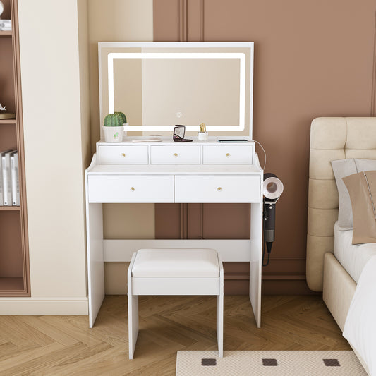 New Large Mirror Vanity Desk for Bed room, Modern Makeup Vanity Set with Power Outlet and Hair dryer holder, 5 Drawers, 3 Lighting Color Adjustable Dressing Table for Bedroom, White Color image 1