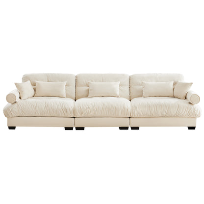 Extra Large 3 Seat Modern Velvet Sofa, Oversize Sofa, Clould Like Comfortable Seat and Back Support, With Waist Pillows and Throw Pillows, Cream image 11