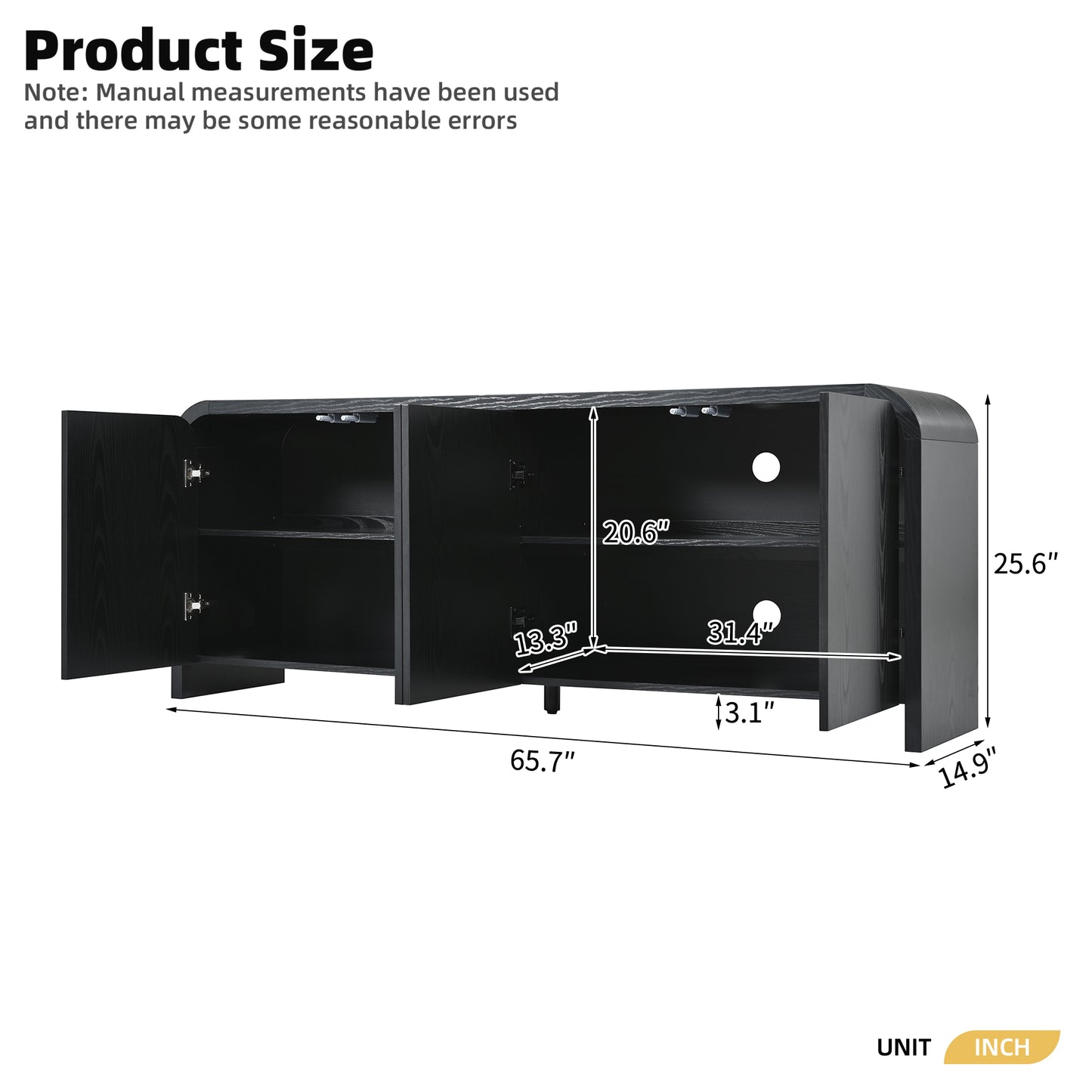 Farmhouse Curved Edge TV Stand with Large Cabinets for TVs up to 70", Minimalist Wood Grain Media Console with Cable Management, Mid Century TV Cabinet with Adjustable Shelves for Living Room, Black image 7