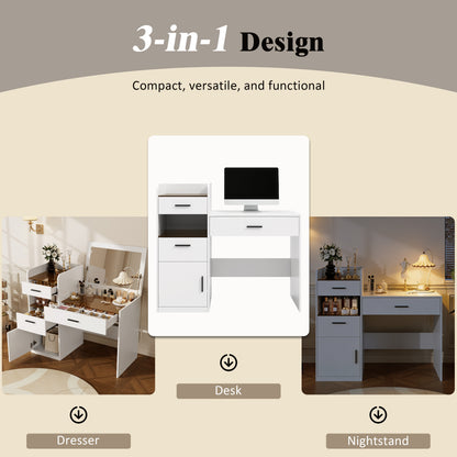 3-in-1 Vanity Desk with Flip Top Mirror, Glass Top Compact Makeup Vanity & Hidden Storage, Vanity Table with 3 Drawers and Cabinet, Space-Saving Dressing Tablefor Bedroom, White image 5