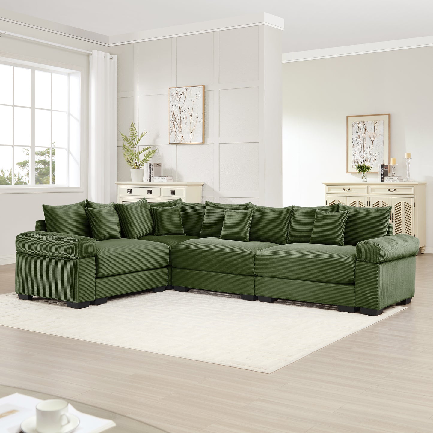 Oversized Cloud Modular Sectional Couch,Convertible Sectional Couches Deep Seat Extra-Wide Armrests, 13 Throw Pillows Premium Corduroy Fabric, Ergonomic Design,Easy Assembly, For Living Rooms,Green image 2
