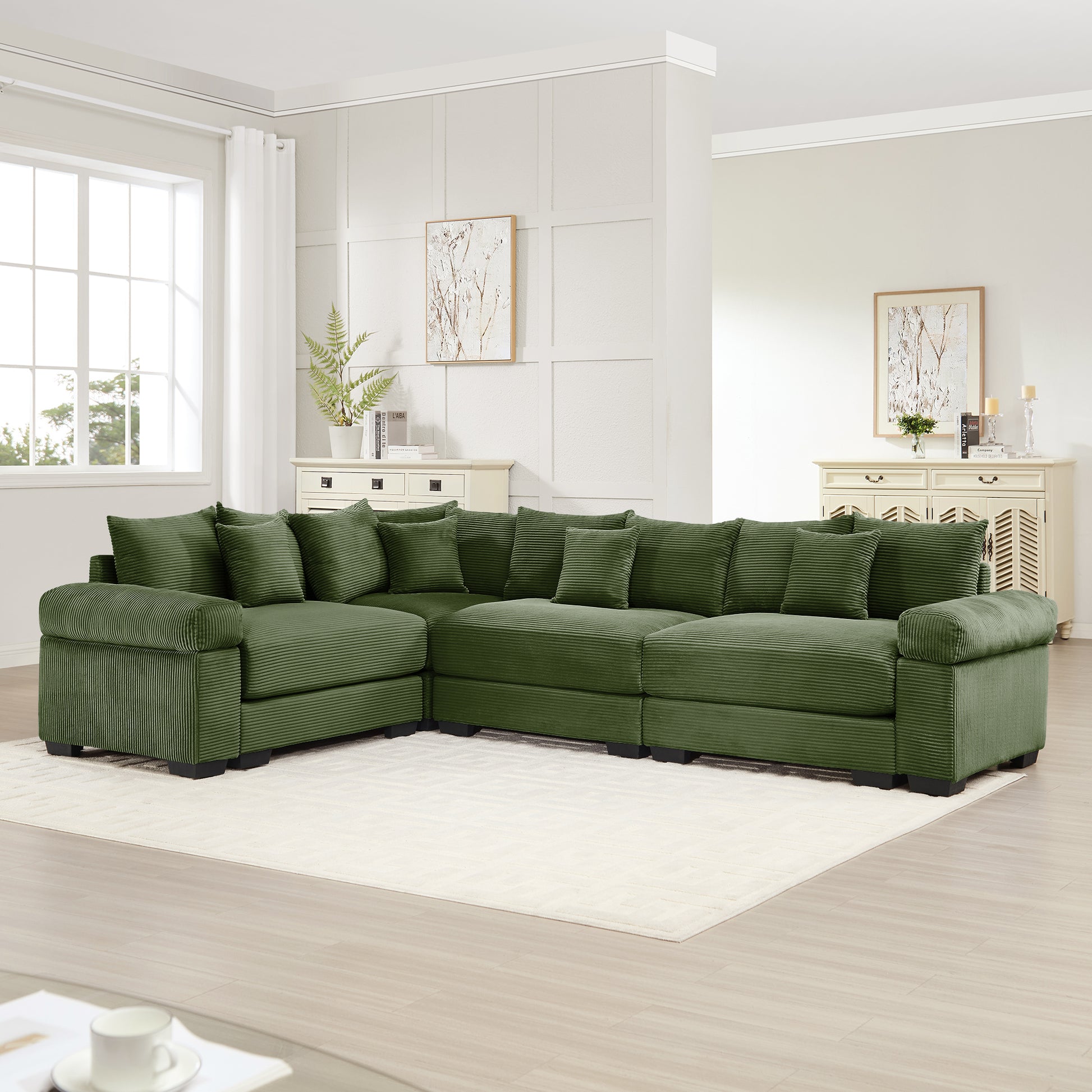 Oversized Cloud Modular Sectional Couch,Convertible Sectional Couches Deep Seat Extra-Wide Armrests, 13 Throw Pillows Premium Corduroy Fabric, Ergonomic Design,Easy Assembly, For Living Rooms,Green image 2