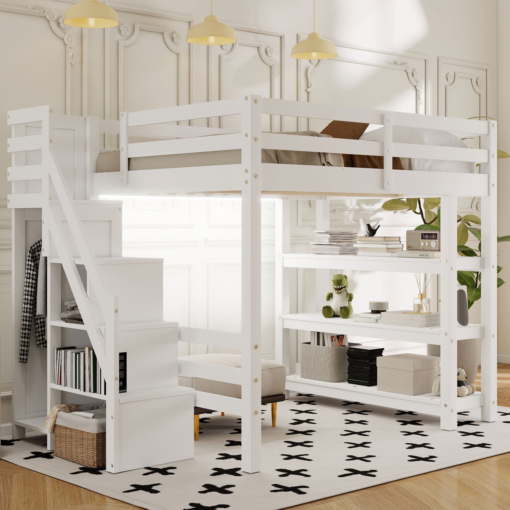 Full Size Loft Bed with Shelves, Storage Staircase, Small Wardrobe and White LED Light, White(Old SKU:N7090000472K) image 2