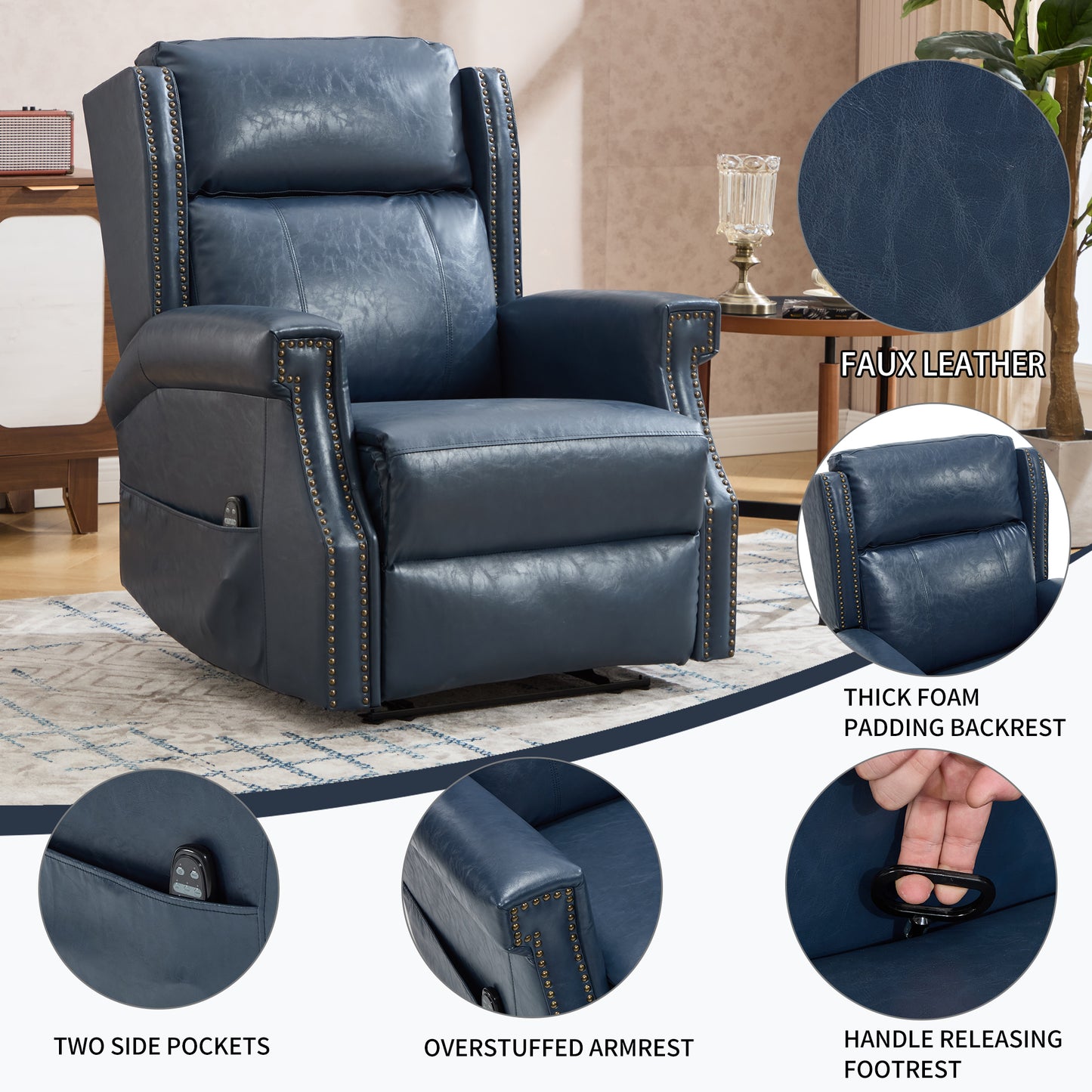Blue Manual Recliner Chair in Faux Leather for Living Room with Heavy Duty Motion Mechanism, 8 vibrating nodes and 3 massage modes. image 7