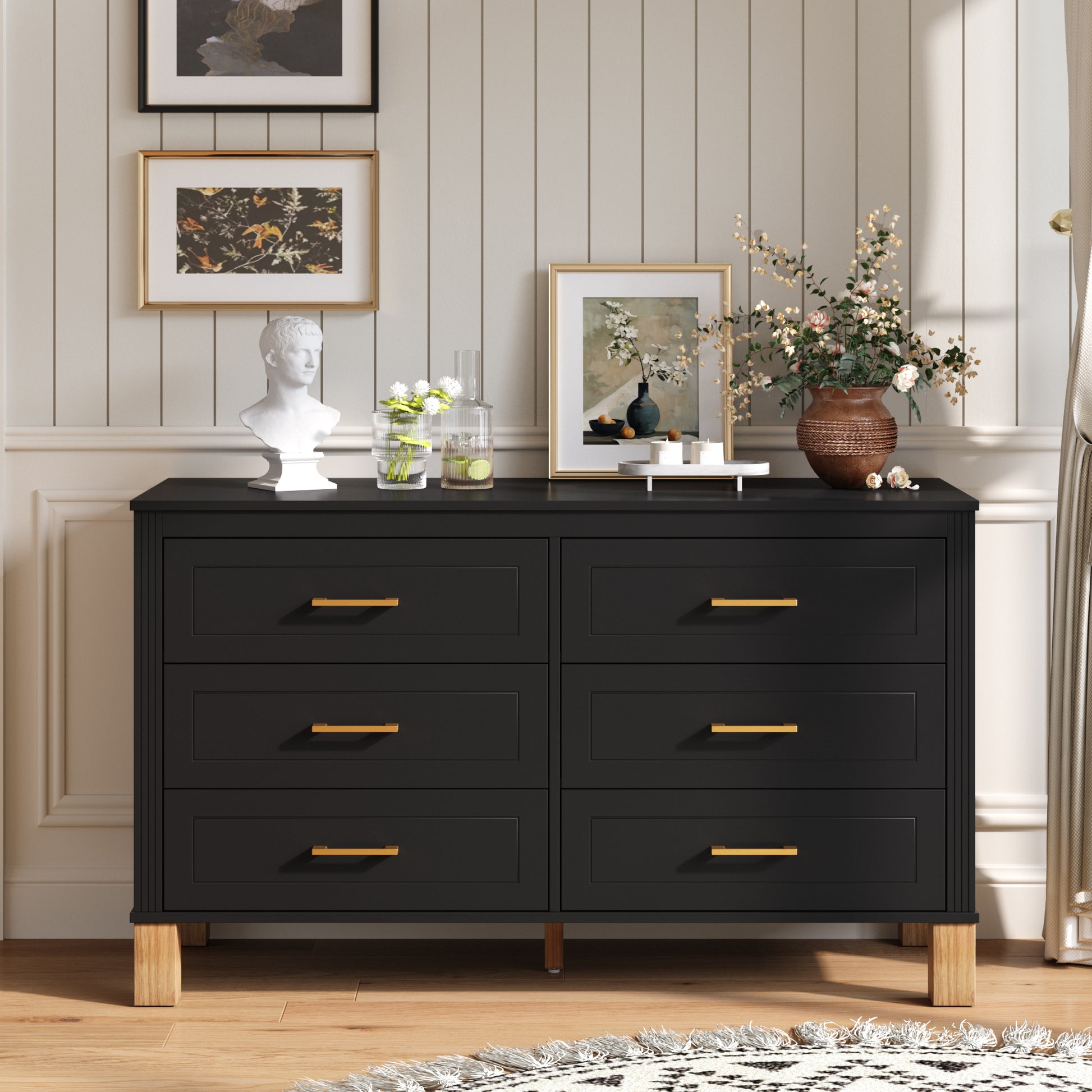 6-Drawer Double Dresser, Modern Storage Cabinet with Metal Handles & Solid Wood Legs, Dresser Drawer Organizer for Kids Bedroom, Heavy-Duty Wooden Dresser with Pre-Installed,Black image 1