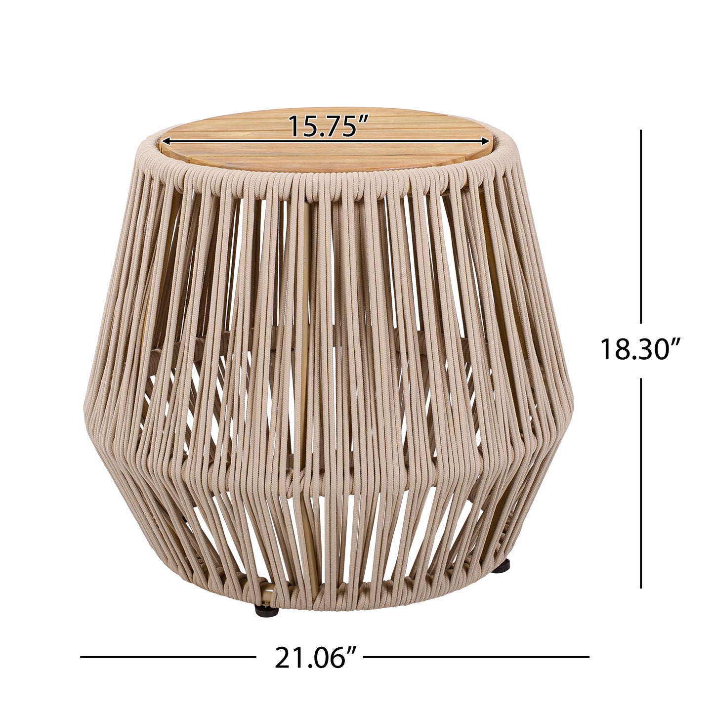 Acacia Wood Side Table with Beige Rope Base - Light Teak Finish, Modern Coastal Accent for Patio, Garden, Balcony & Indoor Use image 2