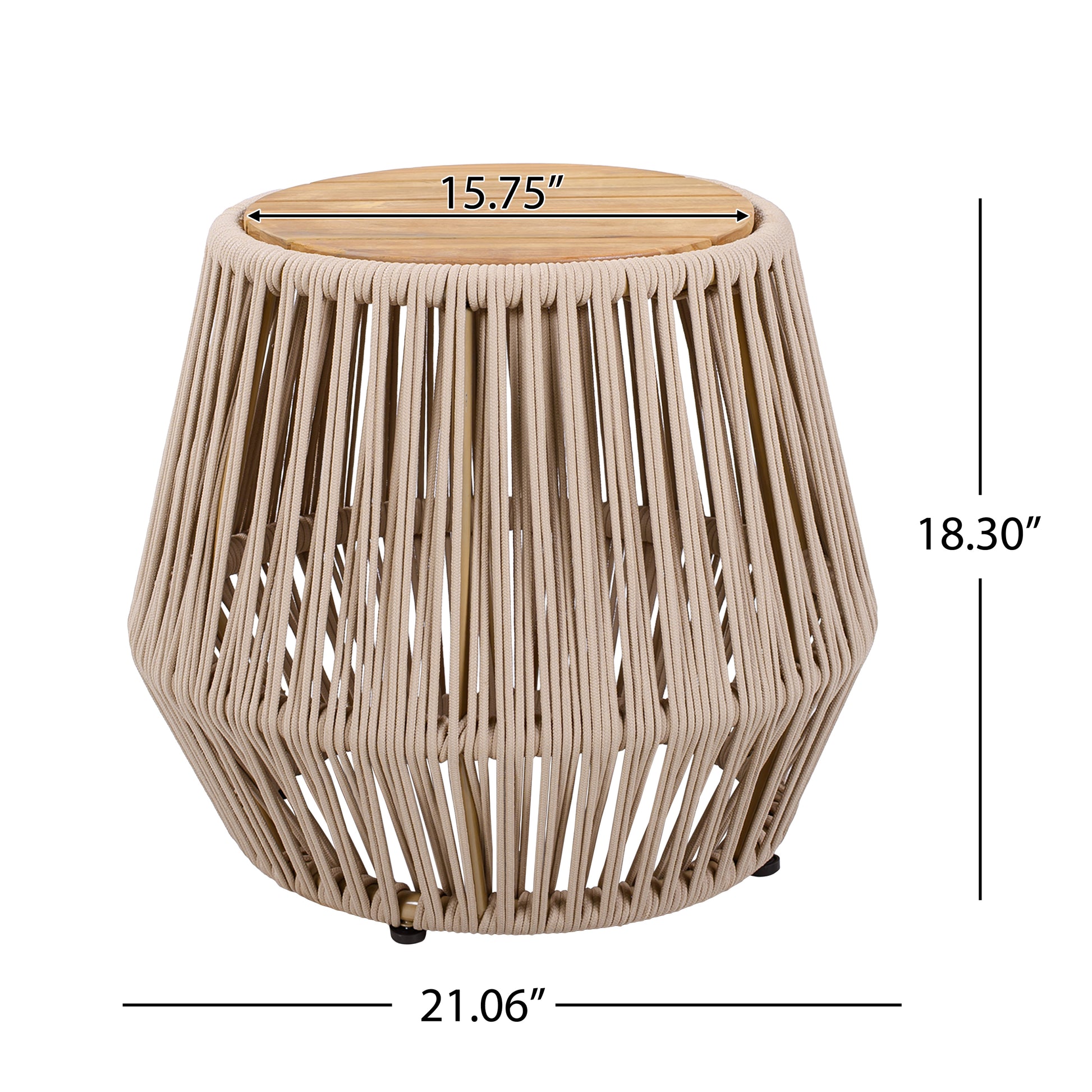 Acacia Wood Side Table with Beige Rope Base - Light Teak Finish, Modern Coastal Accent for Patio, Garden, Balcony & Indoor Use image 2