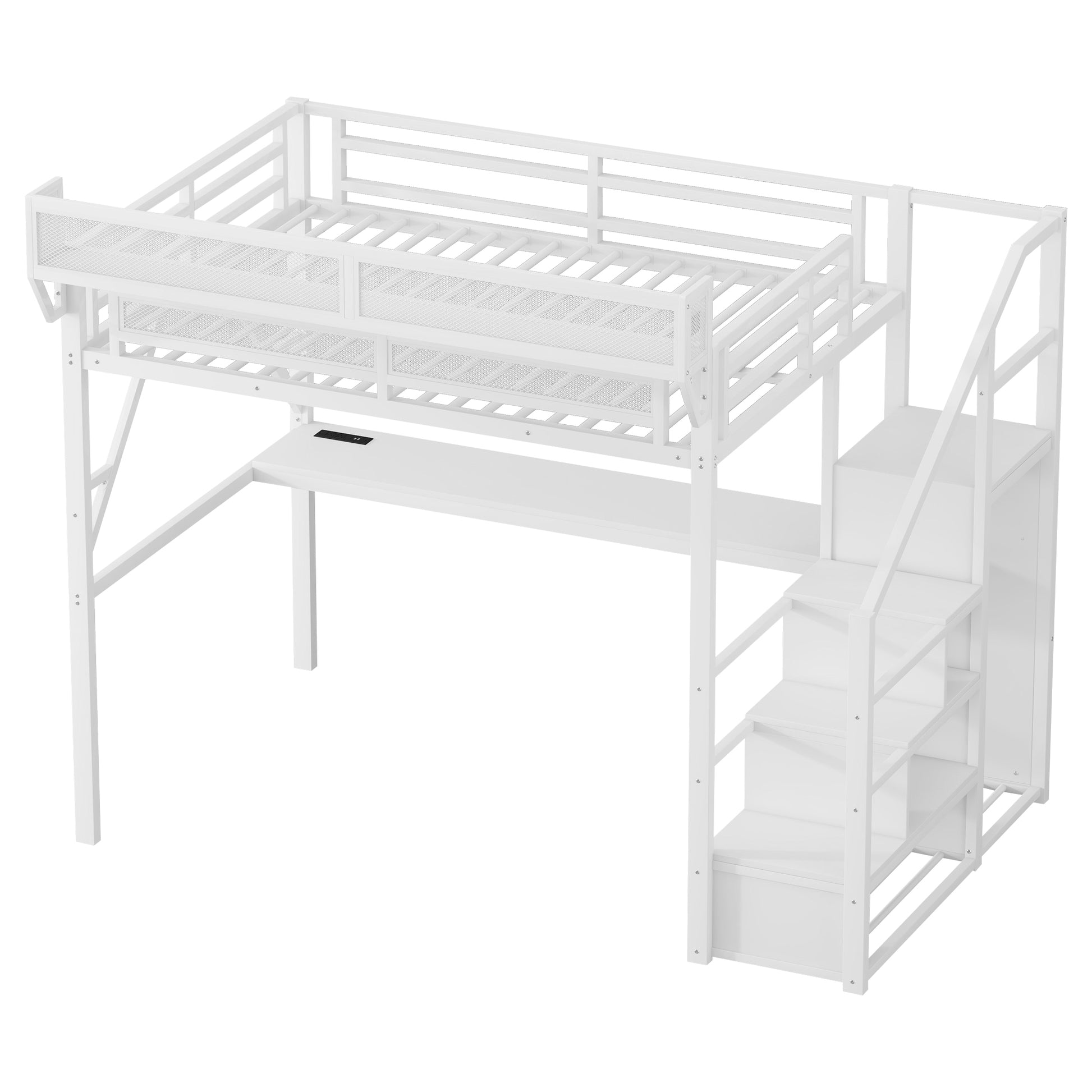 Full Loft Bed with Desk and Charging Station, Full Size Metal Loft Bed with Stairs and Light for Kids Teens,White (OLD SKU W2580S00046) image 10