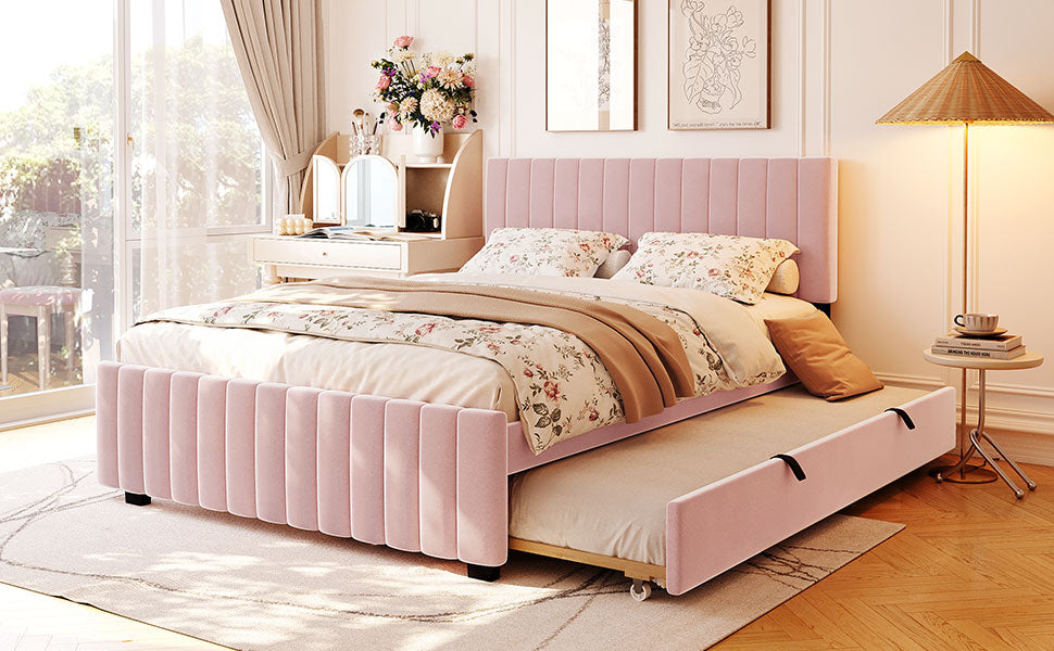Queen Size Velvet Upholstered Platform Bed with Twin XL Size Trundle, Pink image 12