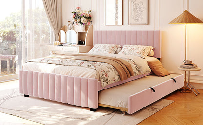 Queen Size Velvet Upholstered Platform Bed with Twin XL Size Trundle, Pink image 12