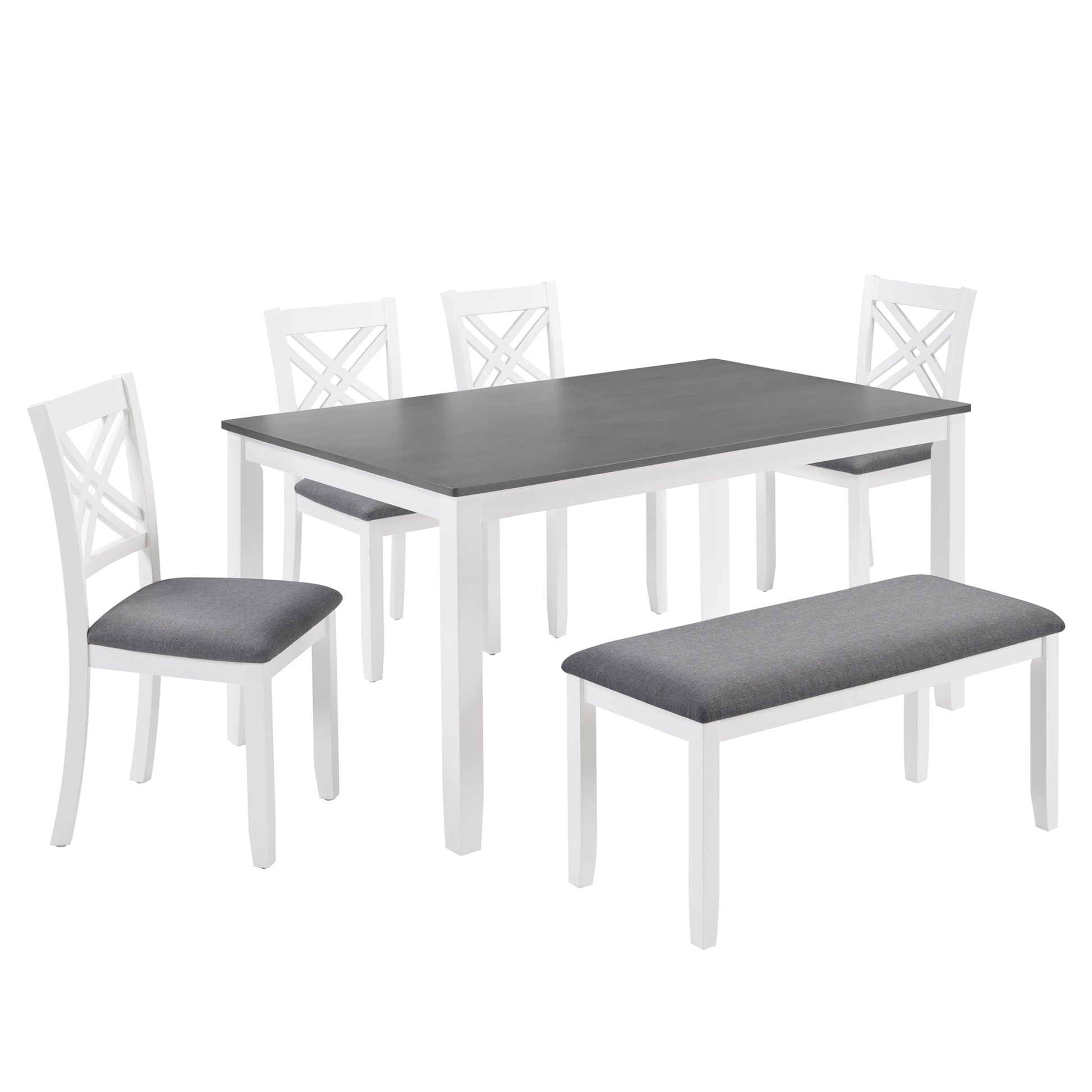 6 Piece Kitchen Dining Set, Rectangular Wooden Dining Table with 4 Upholstered Chairs and a Bench, Dining Table Set for 6 People, Living Room and Kitchen, Grey & White two tone image 10