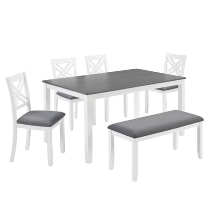 6 Piece Kitchen Dining Set, Rectangular Wooden Dining Table with 4 Upholstered Chairs and a Bench, Dining Table Set for 6 People, Living Room and Kitchen, Grey & White two tone image 10