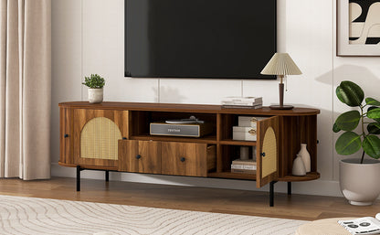 U-Can American Style TV Stand with Rattan Arched Doors, Drawers, Hidden Storage, Steel Legs, Rounded Corners image 3