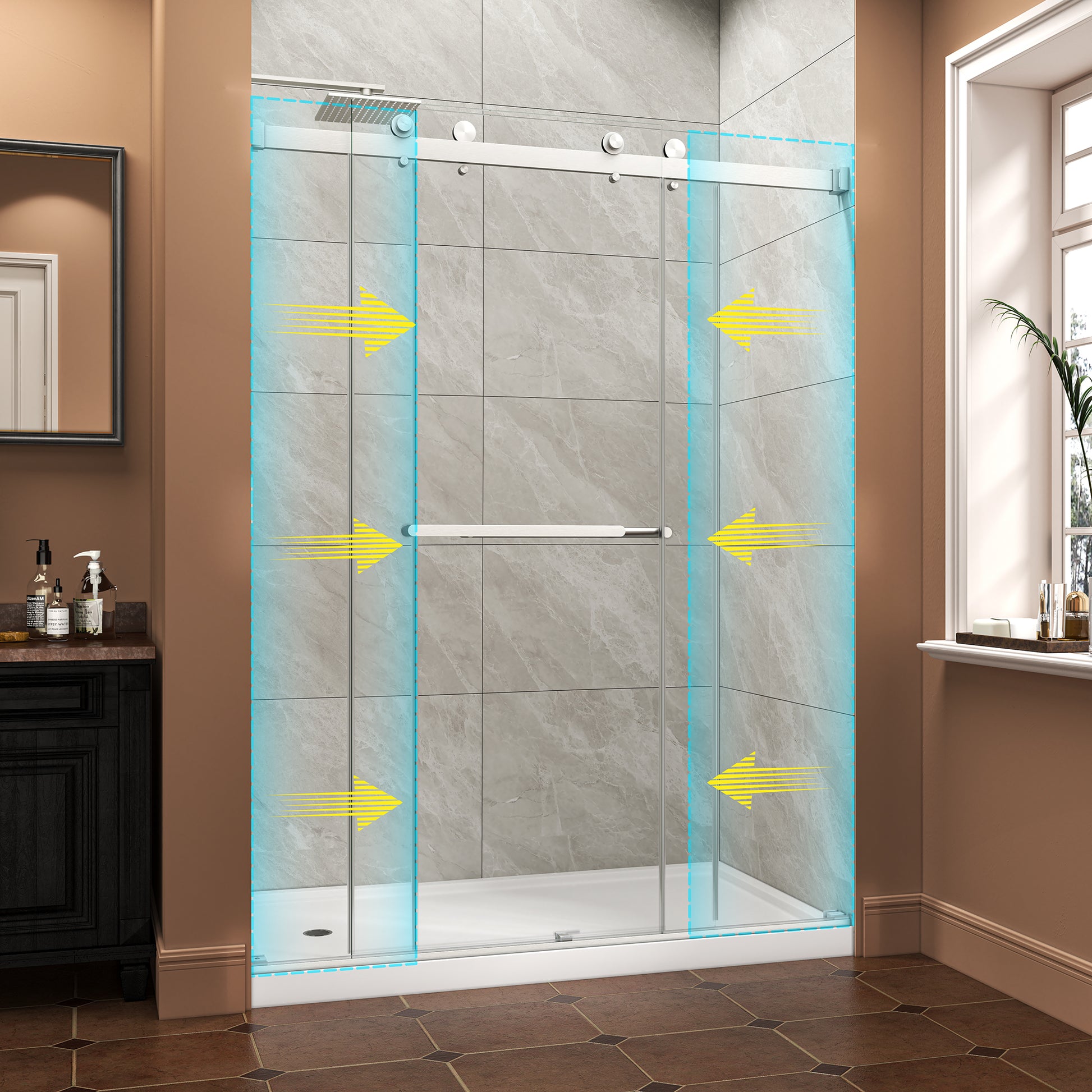 55"-60" W x 76" H Brushed Nickel Reversible Installation Double Bypass Sliding Shower Door Easy Installation Frameless Shower Door,5/16"(8MM) Tempered Glass With Nano Explosion-proof Film image 2