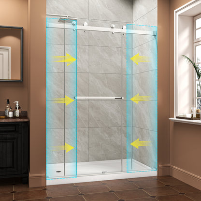 55"-60" W x 76" H Brushed Nickel Reversible Installation Double Bypass Sliding Shower Door Easy Installation Frameless Shower Door,5/16"(8MM) Tempered Glass With Nano Explosion-proof Film image 2