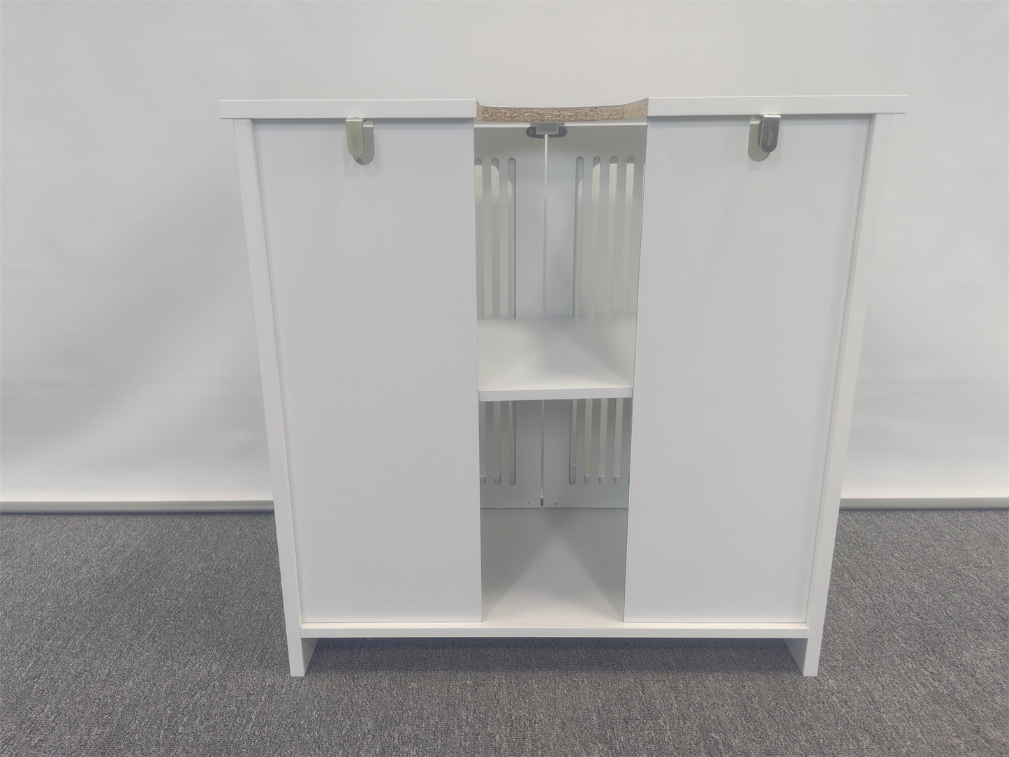 Washbasin cabinet without basin, louvered double-door floor-standing bathroom vanity and storage unit, white bathroom floor-standing storage cabinet. image 2