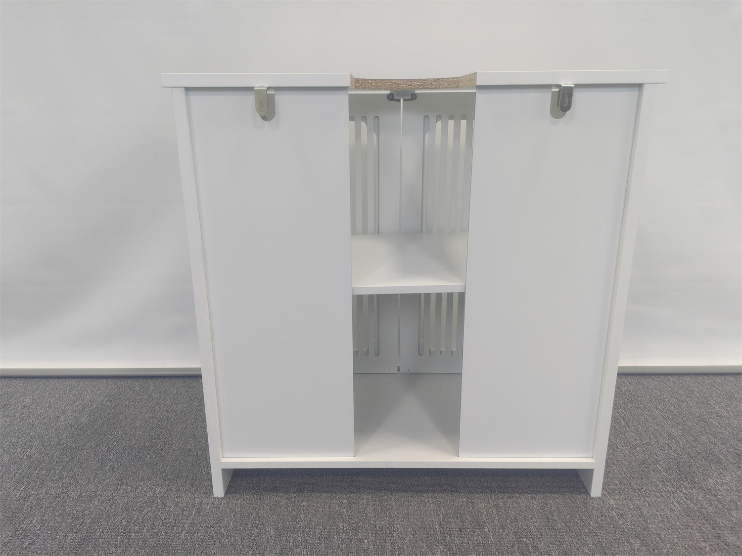 Washbasin cabinet without basin, louvered double-door floor-standing bathroom vanity and storage unit, white bathroom floor-standing storage cabinet. image 2