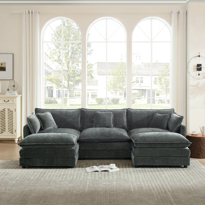 U-Shaped Sectional Sofa w/Reversible Footrest, 3-Seater Convertible Corner Couch with 2 Ottomans,Modern Minimalist Soft Sofa & Couch for Living Room,Gray Chenille image 2
