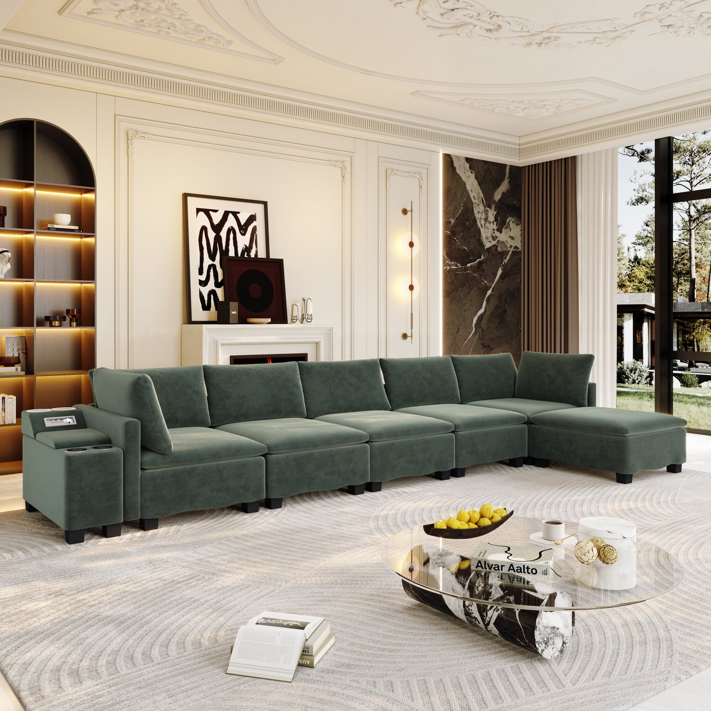 121.2" Modular U-Shaped Cloud Sectional Sofa with Movable Ottoman, Chenille Convertible Sofa Bed with Hidden Storage & USB Ports & Cup Holders & Bluetooth Speaker for Living Room, Apartments, Green image 7