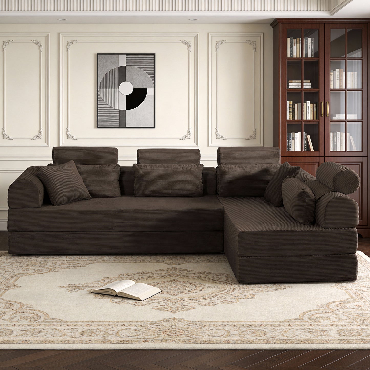 L shape Modular Sectional Sofa, Compressed Sectional Sofa Modern Minimalist Style Corduroy Couch,Unfold into a bed, Bedroom, Comfy Compressed Sofa Couch Space-Efficient Design(Brown) image 2