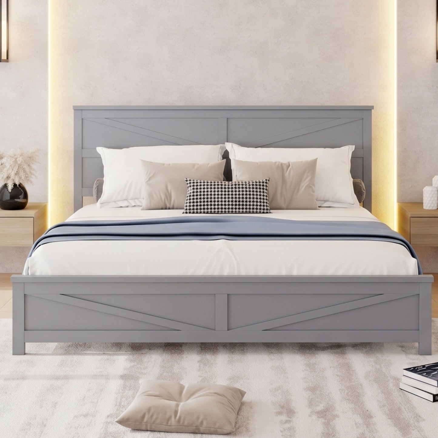 Farmhouse Style King Size Bed with Barn Door Designed Headboard and Footboard, Pinewood Bed with Strengthened Bed Frame,Grey image 1