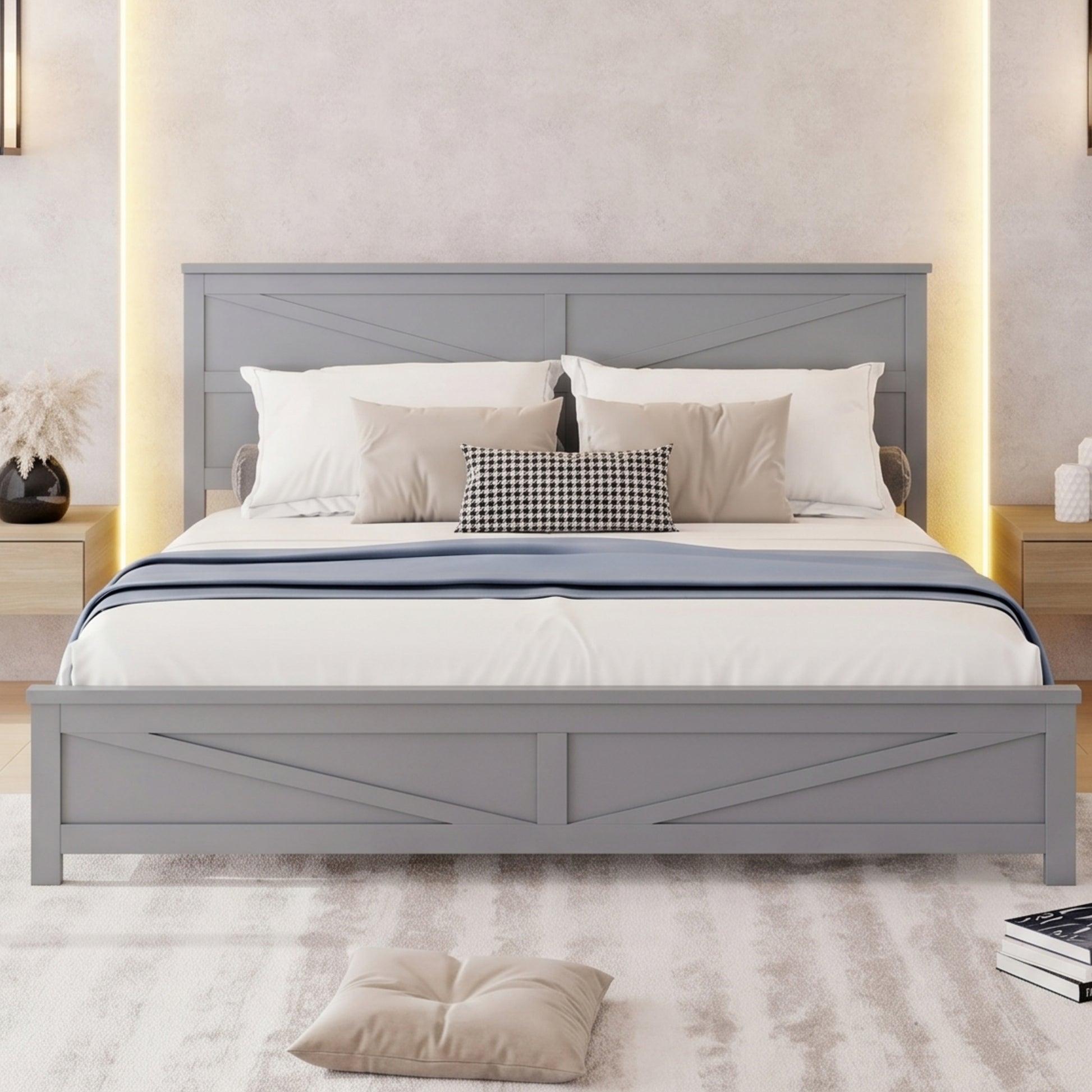 Farmhouse Style King Size Bed with Barn Door Designed Headboard and Footboard, Pinewood Bed with Strengthened Bed Frame,Grey image 1