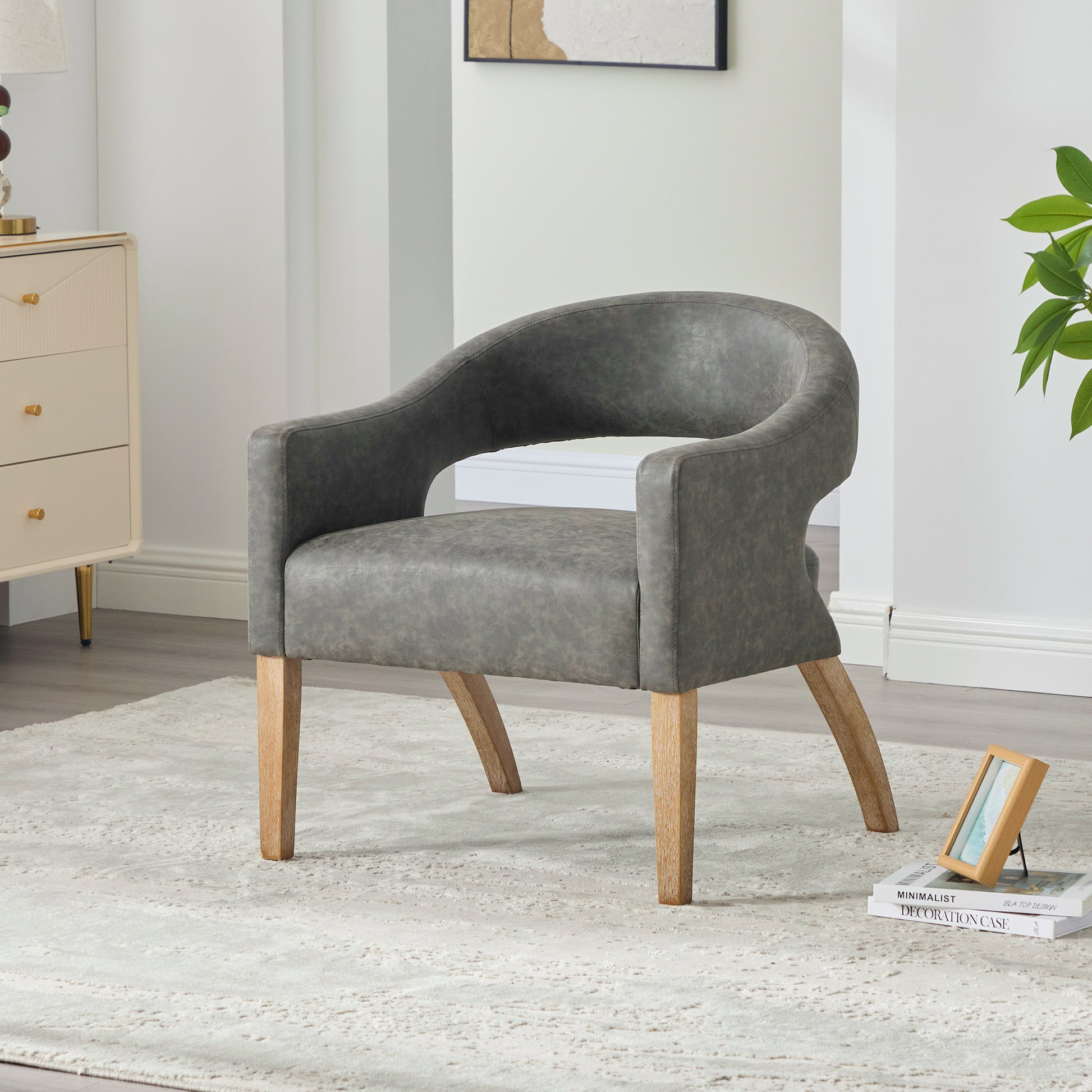 Modern Upholstered PU Open Back Accent Armchair Barrel Dining Chair with Weathered Rubberwood Legs, Hollow-Out Side Club Chair for Living Room Bedroom Restaurant Cafes Dining Room Reception,Gray image 1
