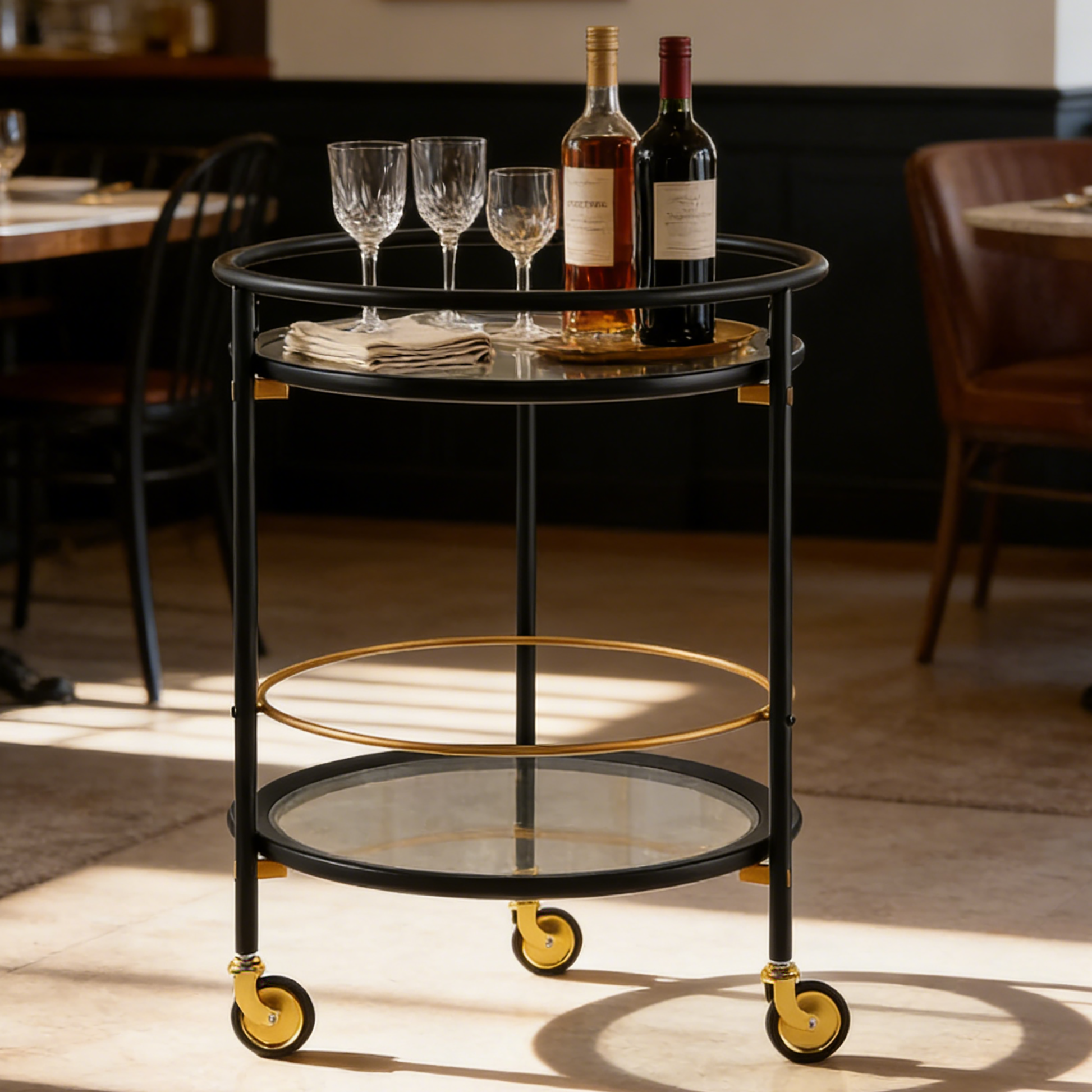 Modern Round Bar Cart with Tempered Glass Shelves and Gold Accents image 1