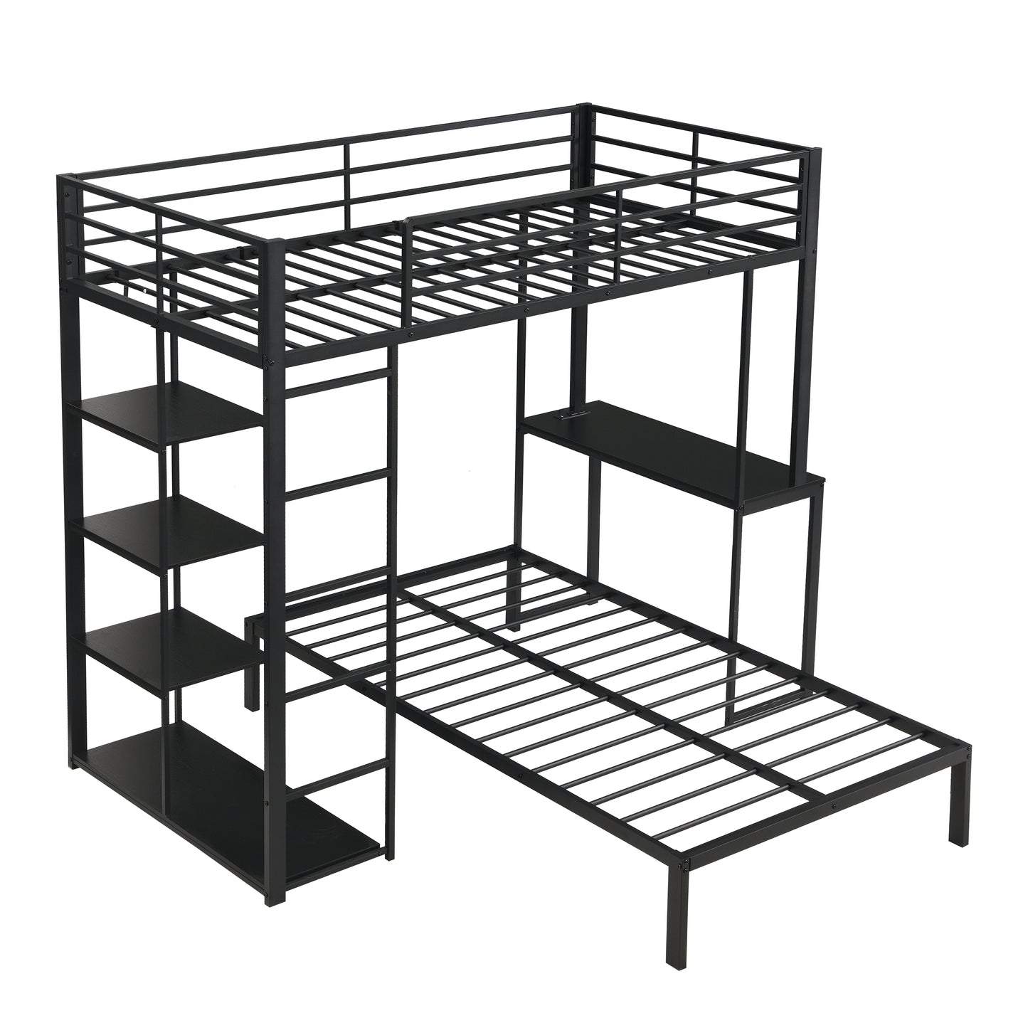 Metal Loft Bed Frame with LED Light Strip, Side Storage Shelves & Built-in Desk, TWIN/TWIN Size Metal Bunk Bed, Dorm, Apartment, Guest Room image 5