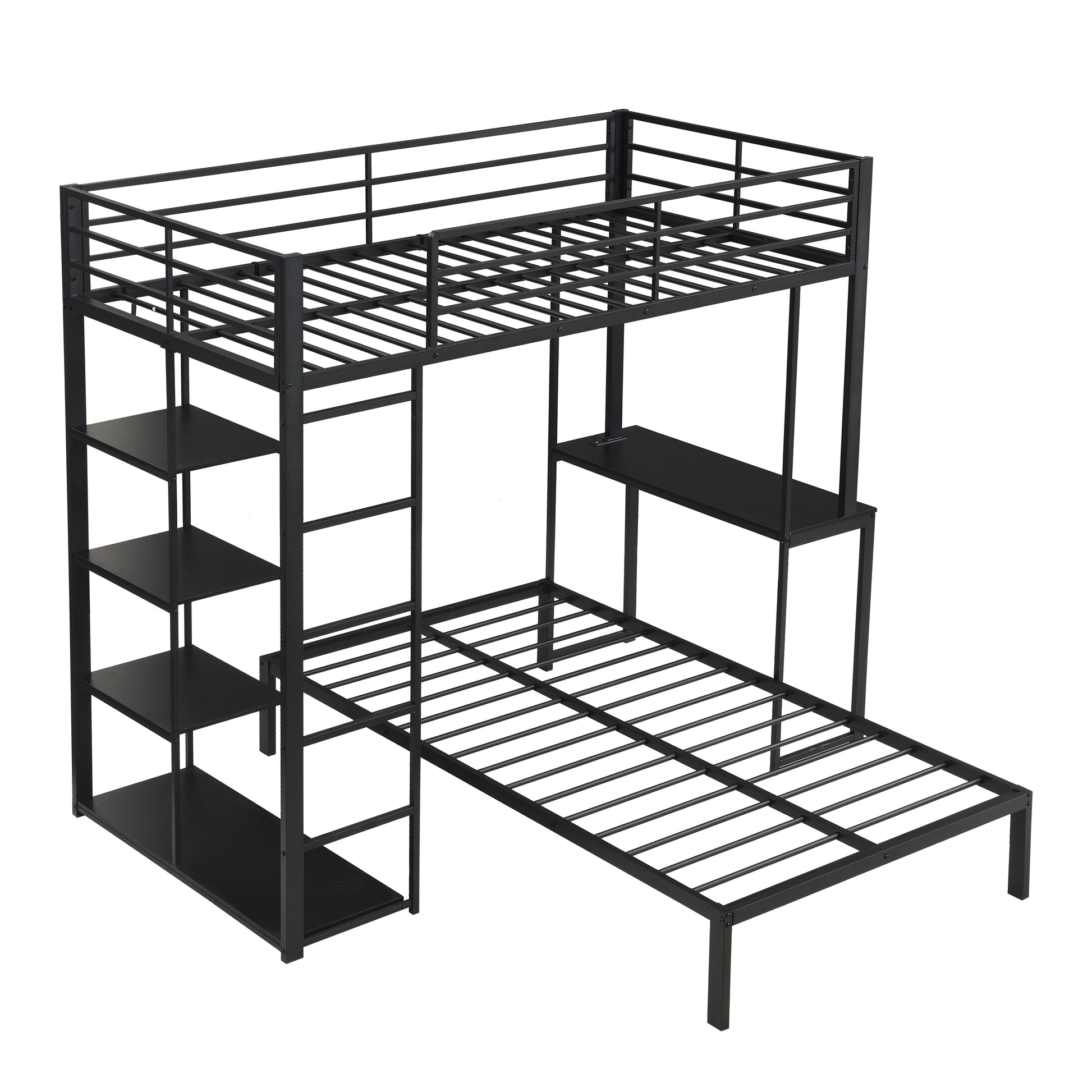 Metal Loft Bed Frame with LED Light Strip, Side Storage Shelves & Built-in Desk, TWIN/TWIN Size Metal Bunk Bed, Dorm, Apartment, Guest Room image 5