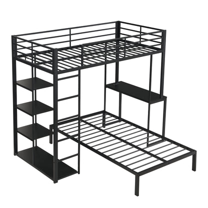Metal Loft Bed Frame with LED Light Strip, Side Storage Shelves & Built-in Desk, TWIN/TWIN Size Metal Bunk Bed, Dorm, Apartment, Guest Room image 5
