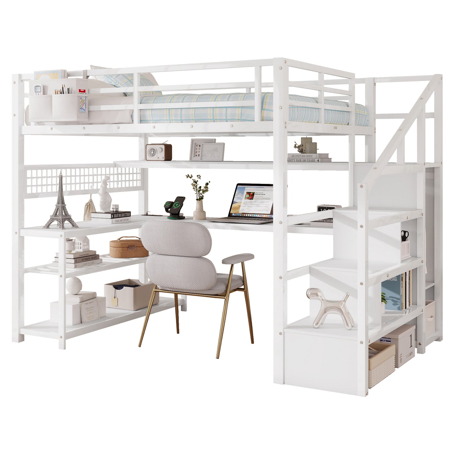 Full Size Loft Bed with Staircase and Wardrobe, Metal Loft Bed with Desk, Storage Shelves, LED Lights and Charge Station,White(Expect Arrival Date 2026/5/9 Old SKUW2593S00059) image 10