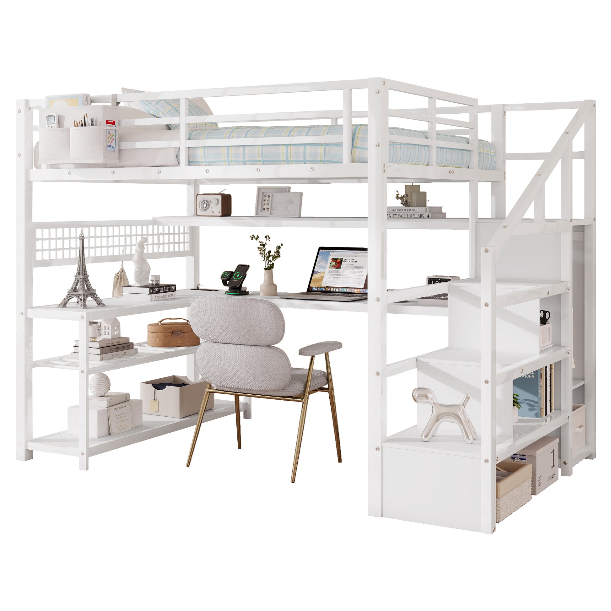 Full Size Loft Bed with Staircase and Wardrobe, Metal Loft Bed with Desk, Storage Shelves, LED Lights and Charge Station,White(Expect Arrival Date 2026/5/9 Old SKUW2593S00059) image 10