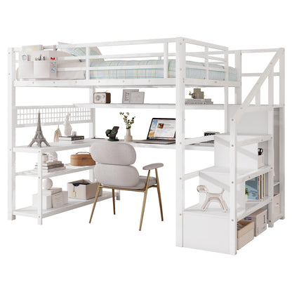 Full Size Loft Bed with Staircase and Wardrobe, Metal Loft Bed with Desk, Storage Shelves, LED Lights and Charge Station,White(Expect Arrival Date 2026/5/9 Old SKUW2593S00059) image 10