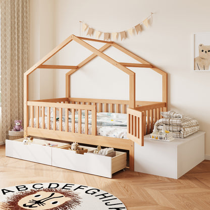 Toddler Bed with Storage Drawers & Lift-Top Chest, Solid Wood Bed with Safety Railings & Gate, Playhouse Bed Frame for Kids, Compatible with standard US toddler mattresses, Natural Wood & White image 2